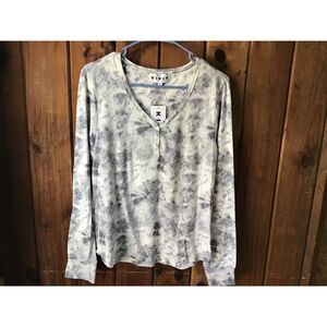 KIKIT Gray Tye Die VNeck Henley Size L Pearl Buttons Long Sleeves NWT